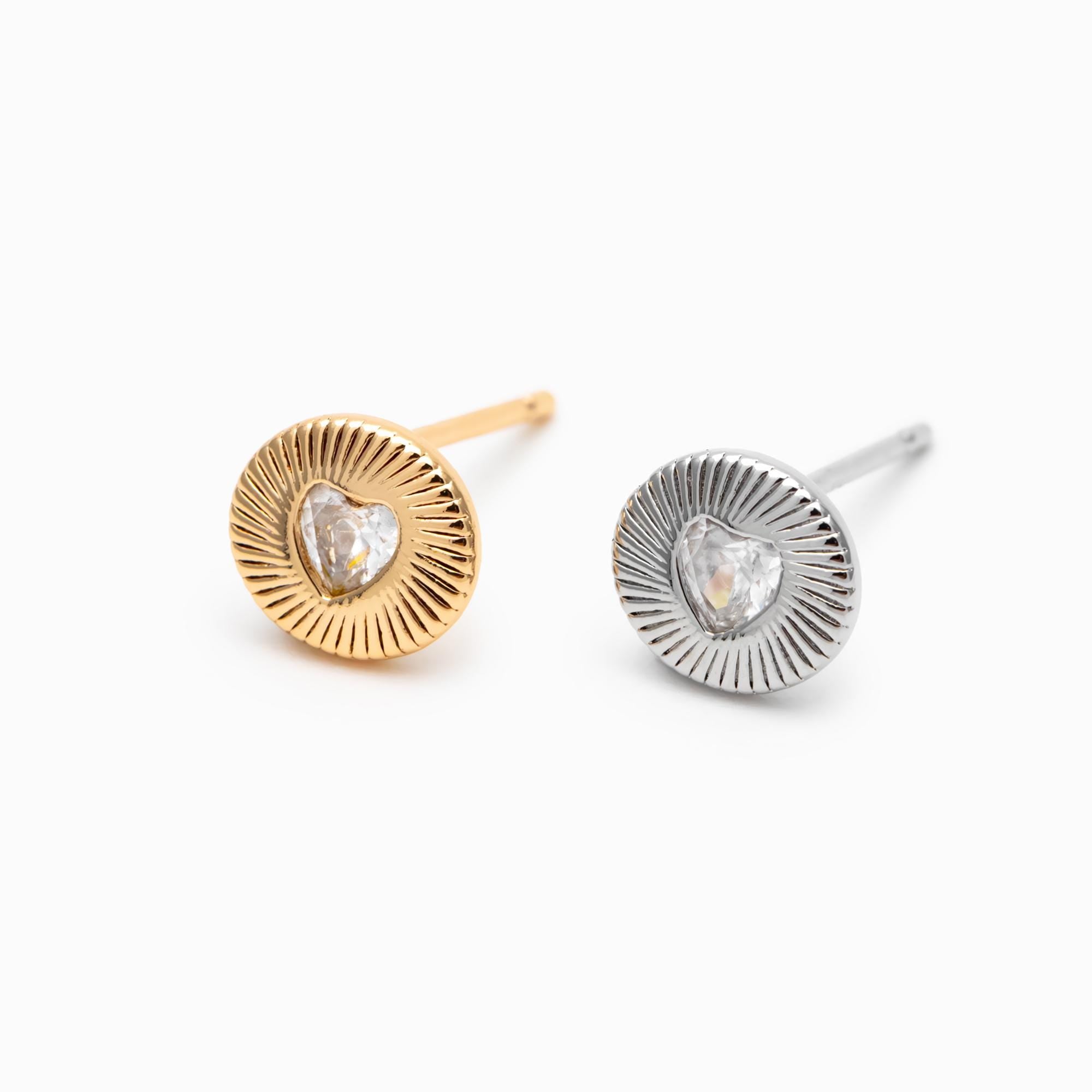 10pcs CZ Pave Heart Round Earrings, Gold/ Rhodium Plated Brass Dainty Stud Earrings (GB-4758)